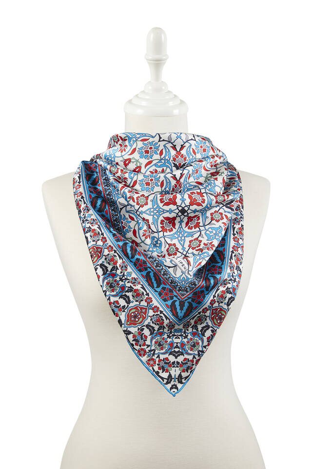 Petrol Blue Black Turkish Patterned Tile Pattern Silk Square Scarf - 2