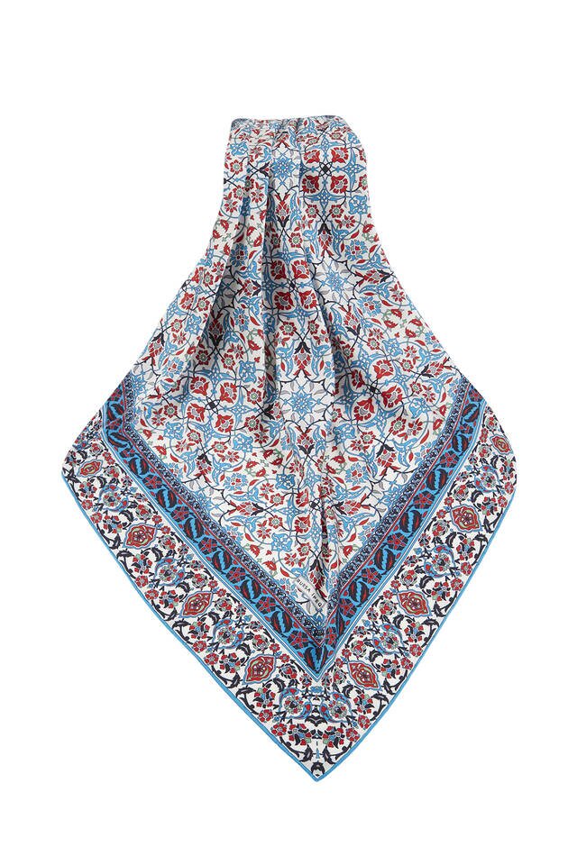 Petrol Blue Black Turkish Patterned Tile Pattern Silk Square Scarf - 3