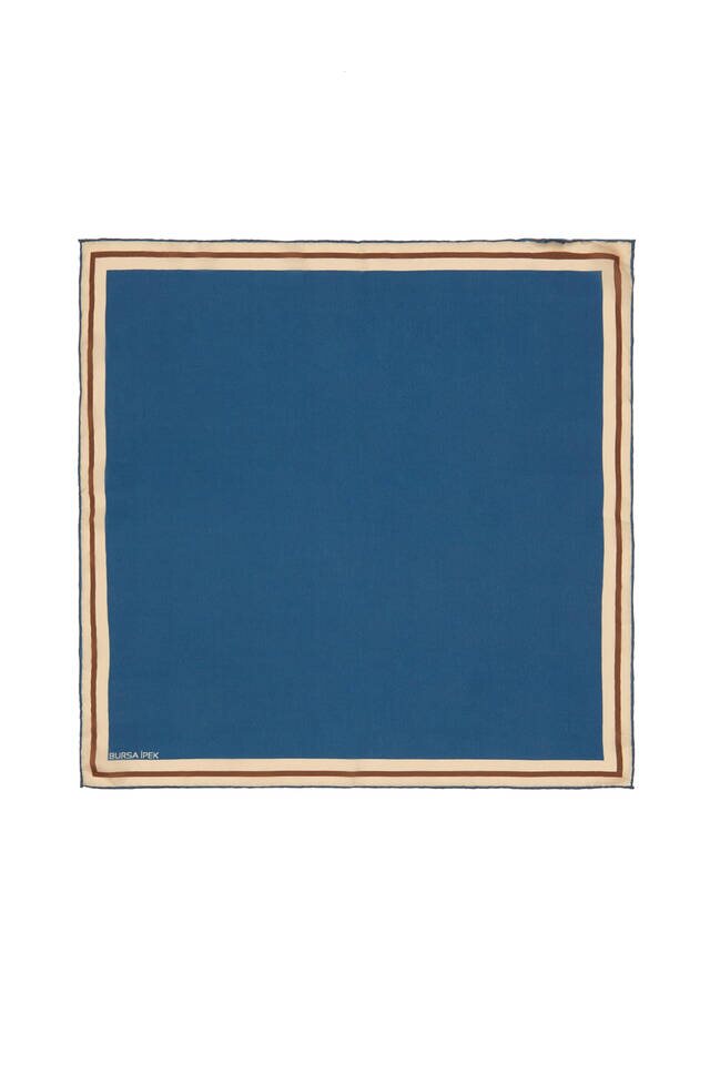 Petrol Blue Bordered Plain Silk Pocket Square - Bursa İpek