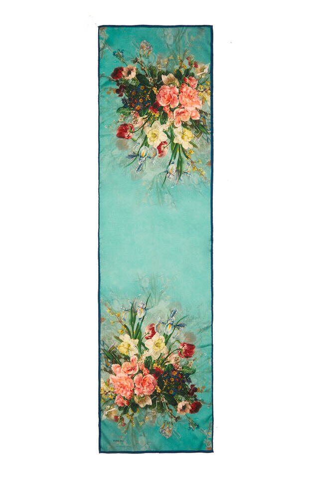Petrol Blue Floral Narrow Silk Foulard - 4