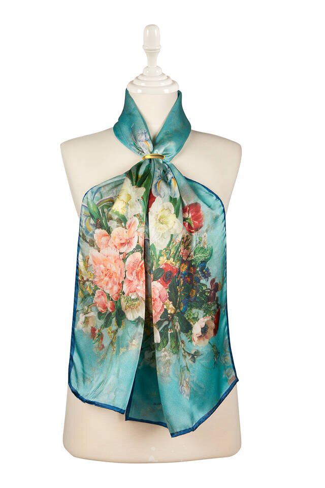 Petrol Blue Floral Narrow Silk Foulard 