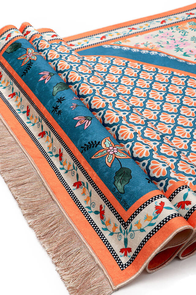 Petrol Blue Velvet Carpet Prayer Rug - 3