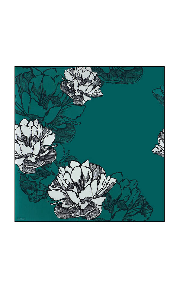 Petrol Green Begonia Pattern Sura Silk Square Scarf - 2