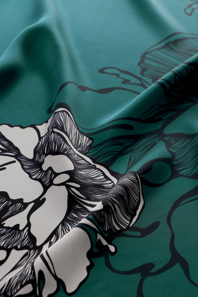 Petrol Green Begonia Pattern Sura Silk Square Scarf - 3