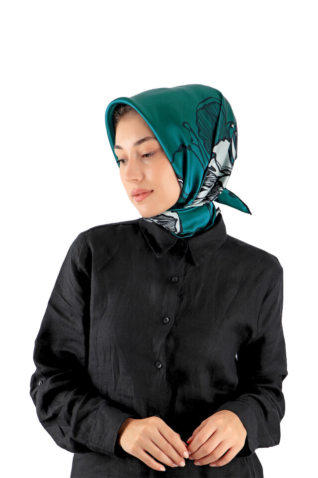 Petrol Green Begonia Pattern Sura Silk Square Scarf - Bursa İpek