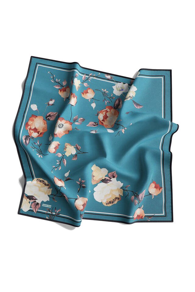 Petrol Green Floral Twill Silk Square Scarf - 4