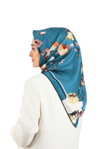 Petrol Green Floral Twill Silk Square Scarf 