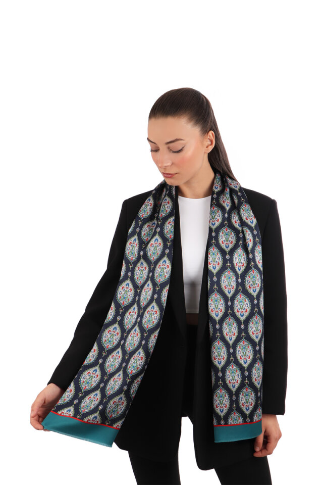 Petrol Green Hatai Pattern Tight Silk Foulard - Bursa İpek