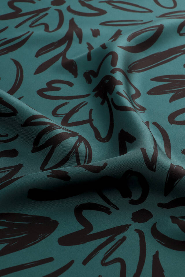 Petrol Green Spring Pattern Twill Silk Scarf - 4