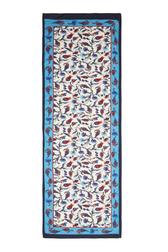 Petrol Lacivert Karanfil Lale Desen Geniş İpeksi Fular - 4