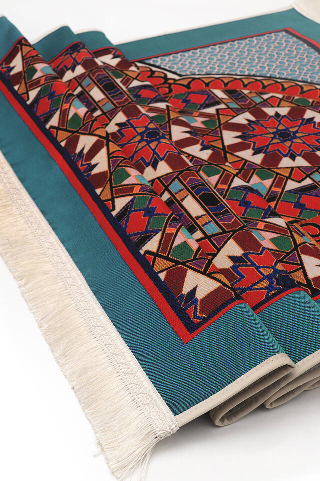 Petrol Yeşil Karo Desen Goblen Seccade - 3