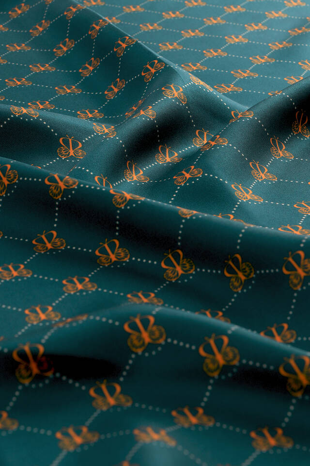 Petrol Yeşil Kelebek Monogram Twill İpek Eşarp - 3