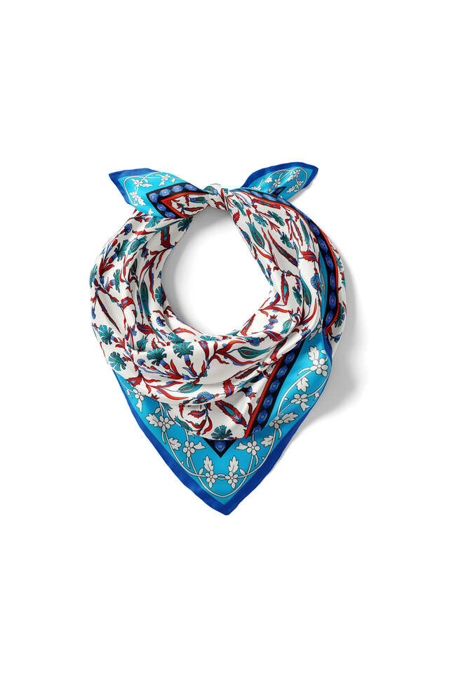 Petrol Yeşil Lale Karanfil Desen İpeksi Mendil - 2