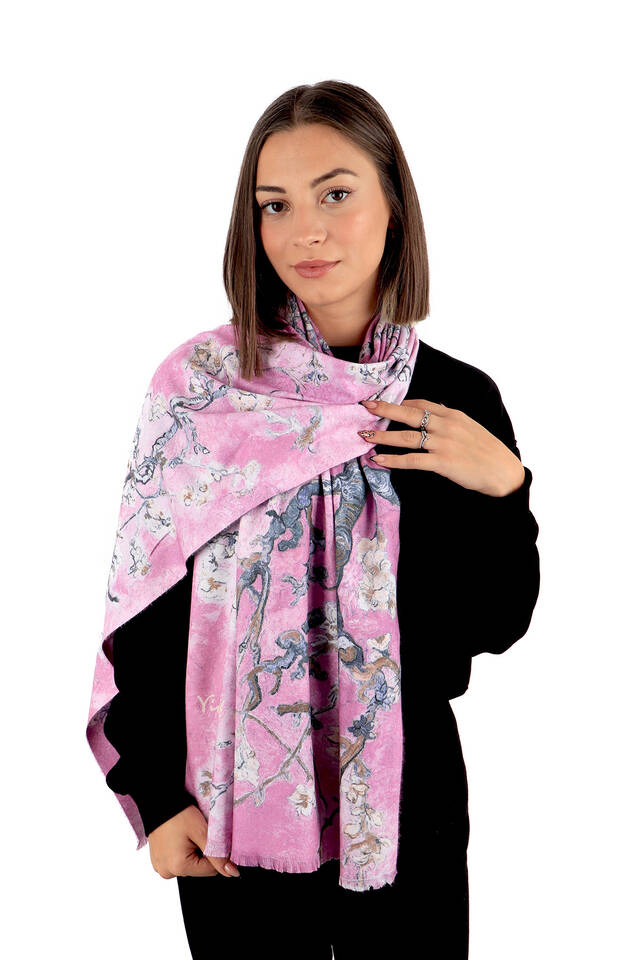 Pink Almond Blossom Pattern Winter Shawl - Bursa İpek