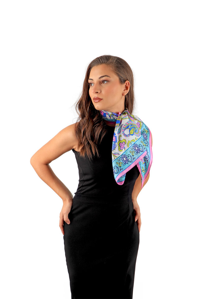 Pink Flower Pattern Voile Silk Square Scarf - 2