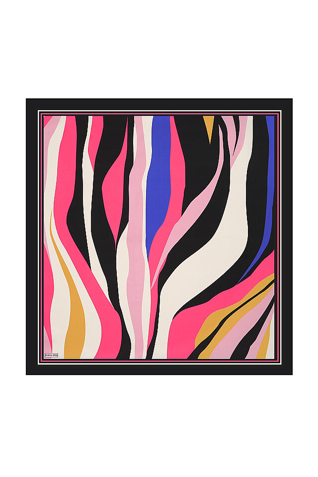 Pink Wave Pattern Twill Silk Square Scarf - Bursa İpek