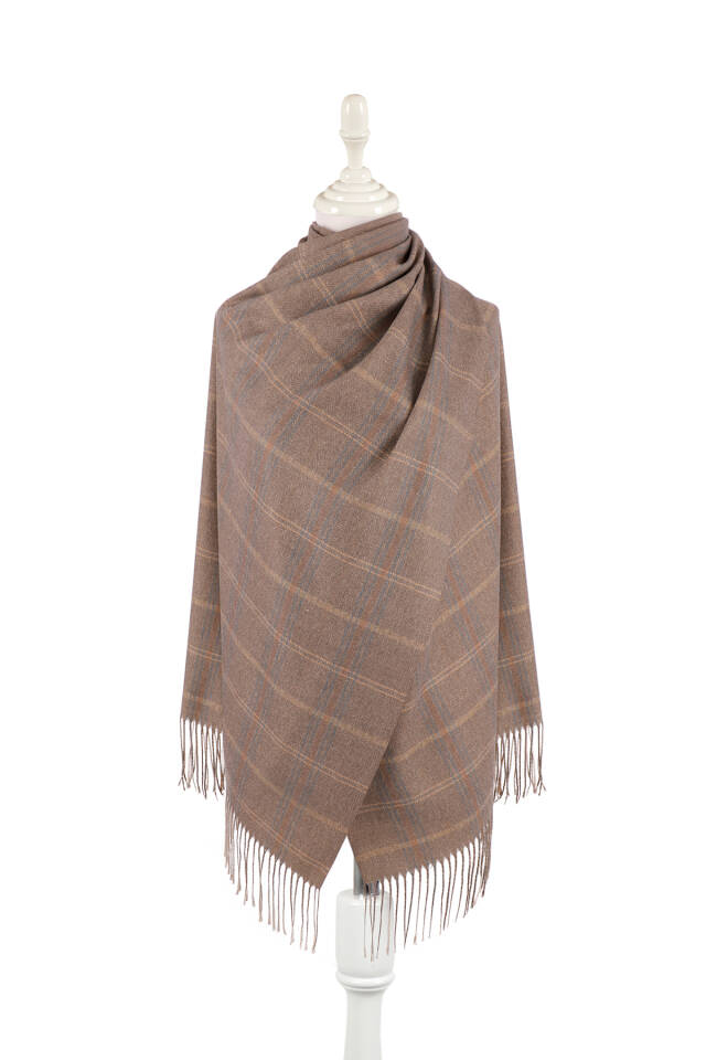 Brown Plaid Pattern Winter Shawl - Bursa İpek