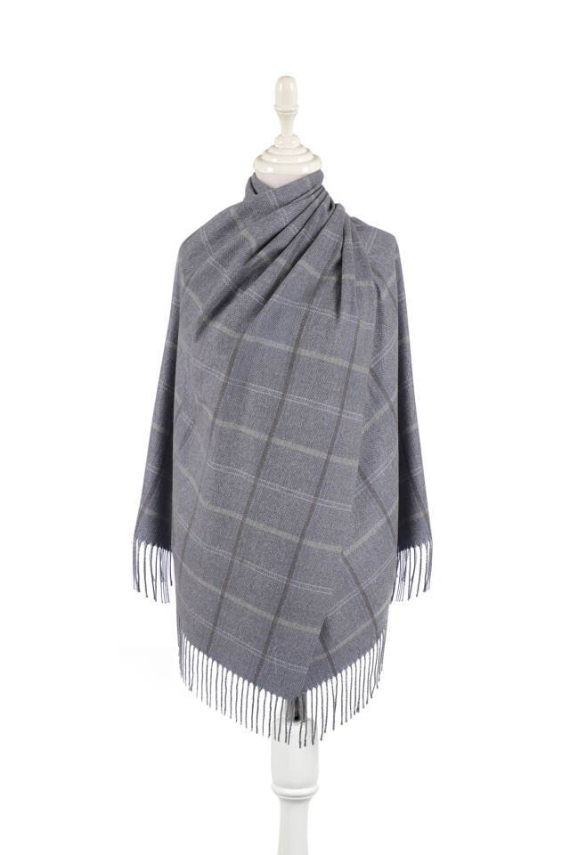 Indigo Plaid Pattern Winter Shawl - Bursa İpek