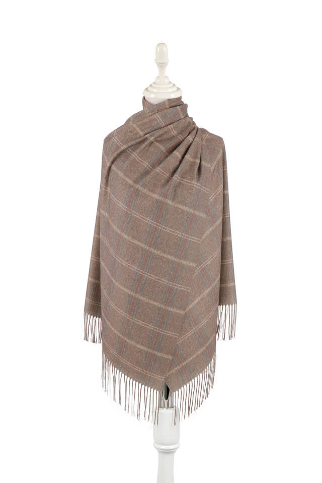 Milky Coffee Plaid Pattern Winter Shawl - Bursa İpek