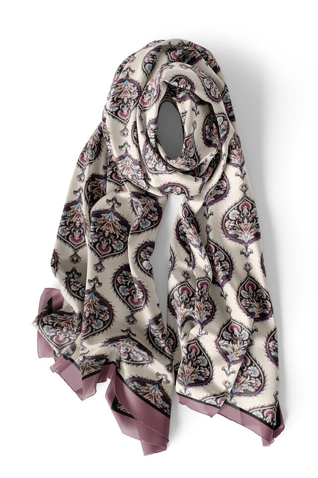 Plum Hatai Pattern Narrow Silk Foulard - 4