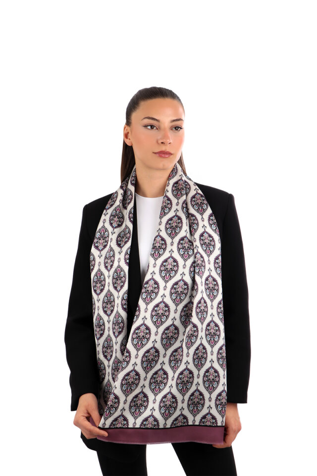 Plum Hatai Pattern Narrow Silk Foulard - 1
