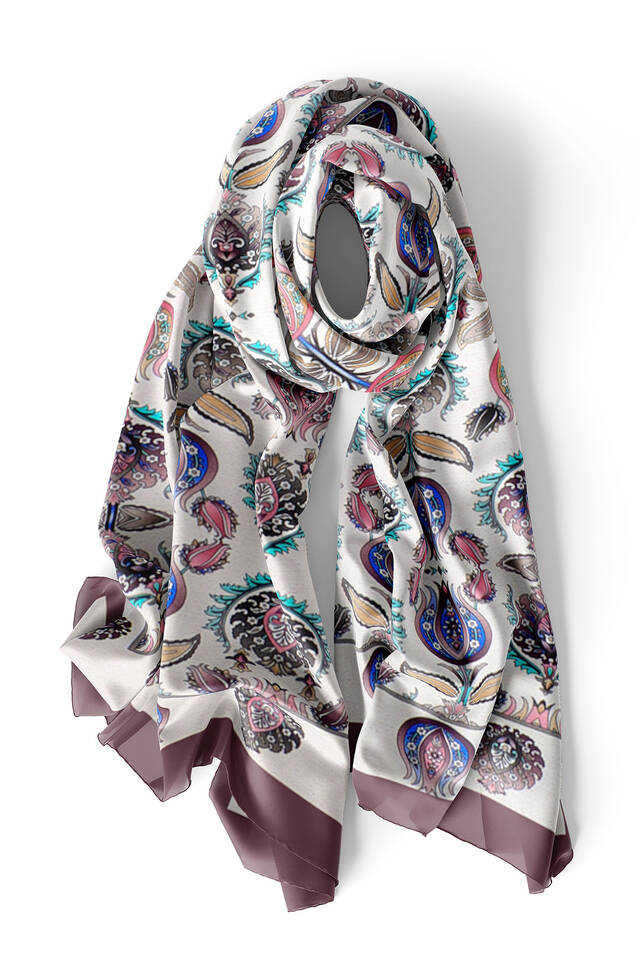 Plum Iznik Pattern Narrow Silk Foulard - 3