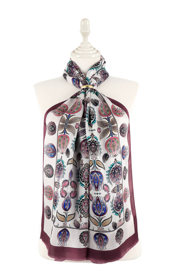 Plum Iznik Pattern Narrow Silk Foulard - Bursa İpek