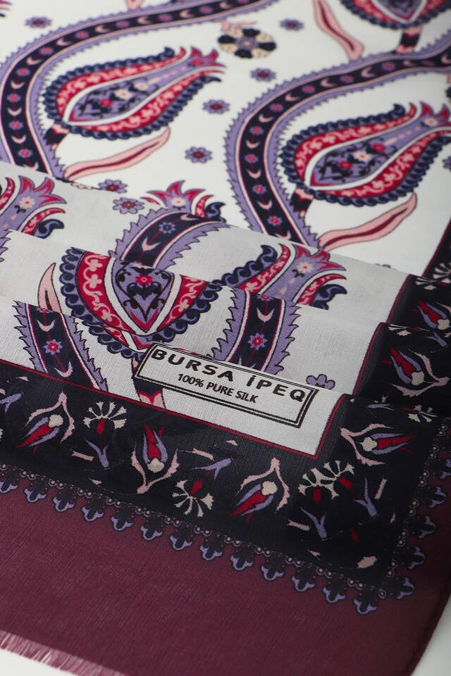 Plum Navy Blue Row Tulip Voile Silk Foulard - 3