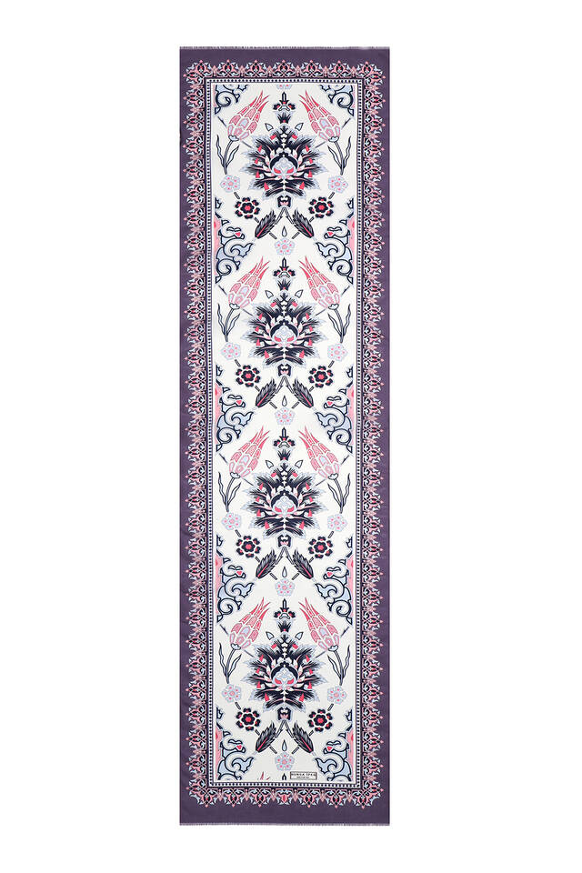 Plum Navy Blue Tile Tulip Voile Silk Foulard - 4