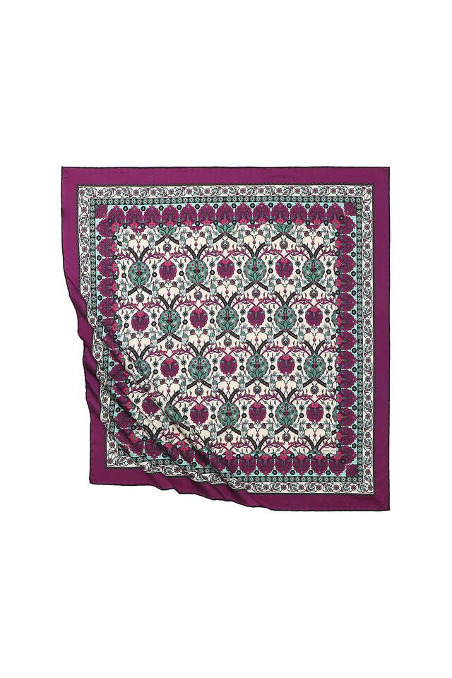 Plum Tile Tulip Pattern Silky Square Scarf - Bursa İpek