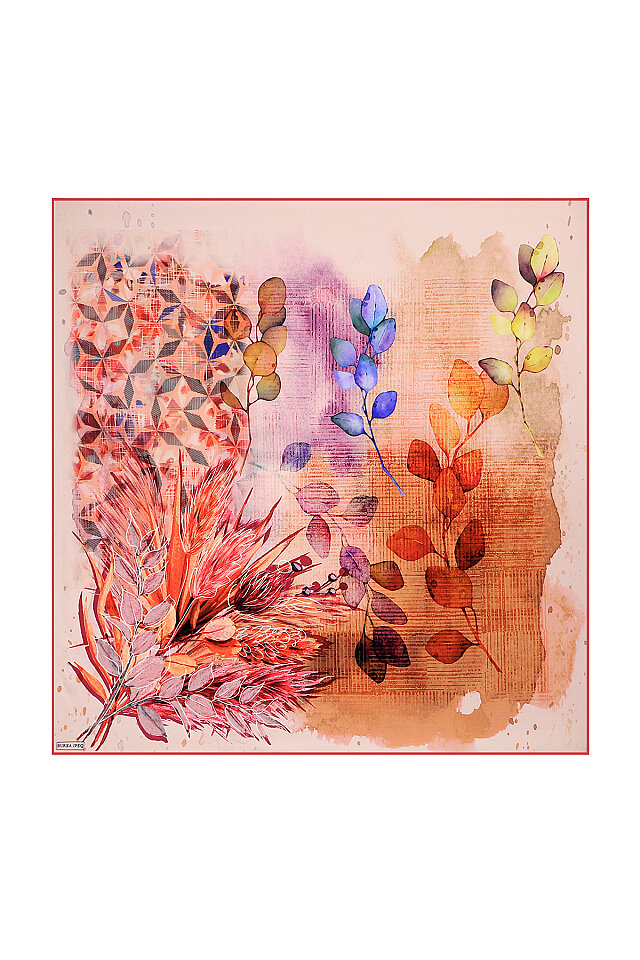 Pomegranate Flower Botanical Pattern Sura Silk Square Scarf 
