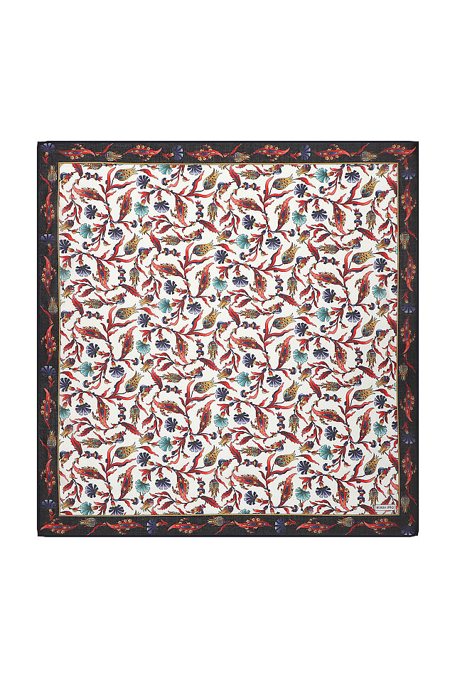 Pomegranate Flower Carnation Tulip Pattern Soft Square Scarf - Bursa İpek