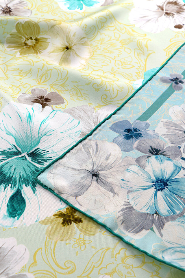 Acid Green Poppy Pattern Double-Sided Twill Silk Scarf - 2