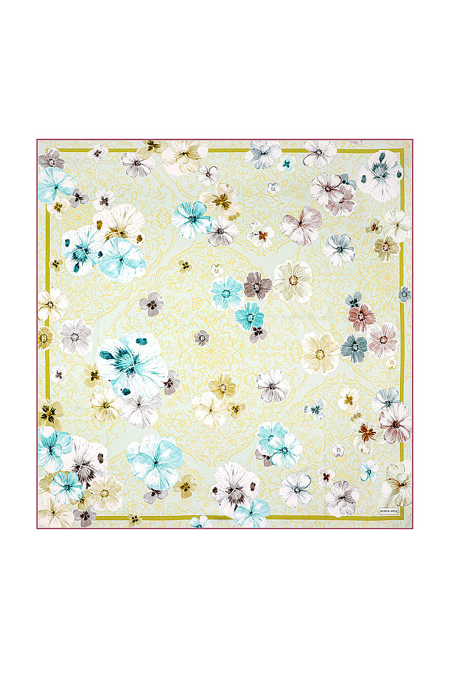 Acid Green Poppy Pattern Double-Sided Twill Silk Scarf 