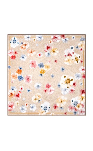 Beige Poppy Pattern Double-Sided Twill Silk Scarf 