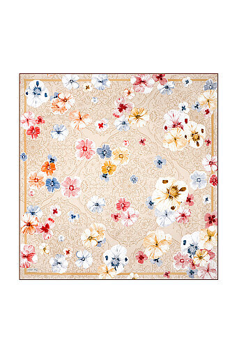 Beige Poppy Pattern Double-Sided Twill Silk Scarf 