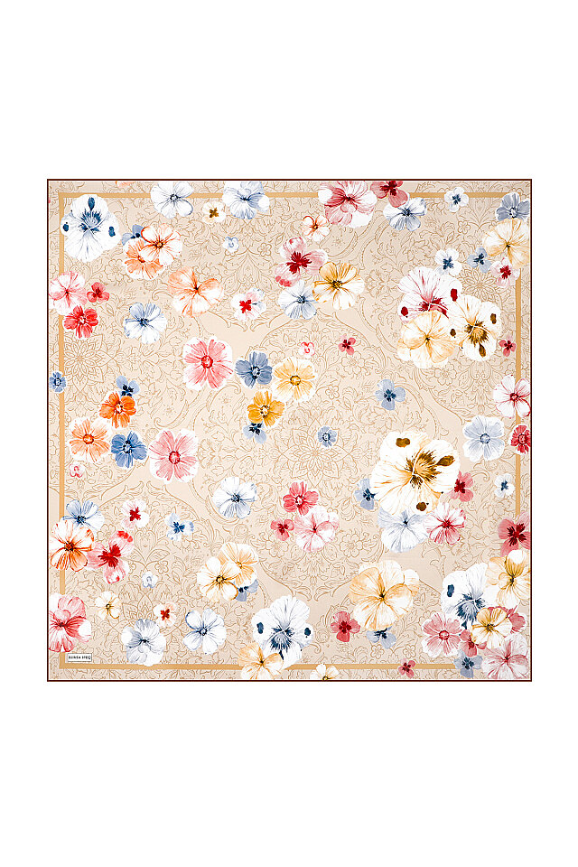 Beige Poppy Pattern Double-Sided Twill Silk Scarf 