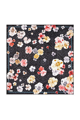Black Poppy Pattern Double-Sided Twill Silk Scarf 