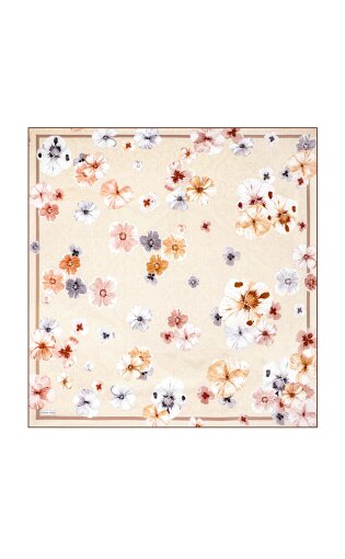 Cream Poppy Pattern Double-Sided Twill Silk Scarf 