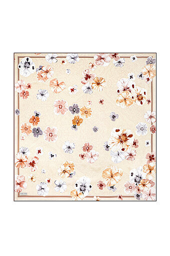 Cream Poppy Pattern Double-Sided Twill Silk Scarf 