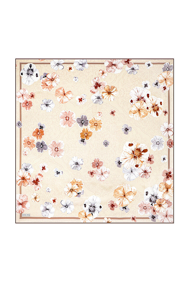 Cream Poppy Pattern Double-Sided Twill Silk Scarf 