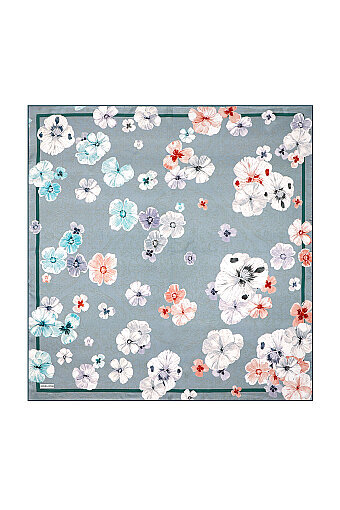 Dusty Blue Poppy Pattern Double-Sided Twill Silk Scarf 