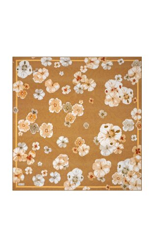 Mustard Poppy Pattern Double-Sided Twill Silk Scarf 