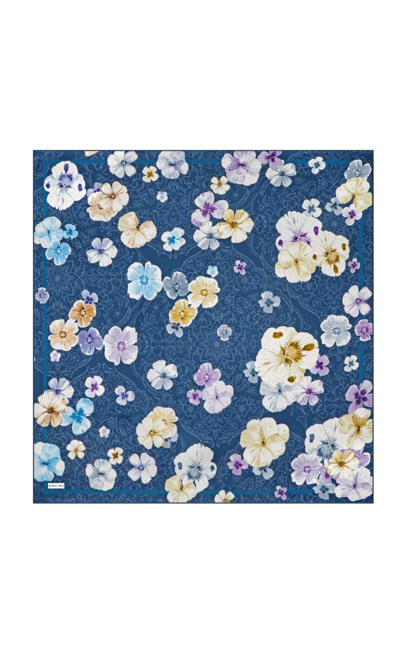 Indigo Poppy Pattern Double-Sided Twill Silk Scarf 
