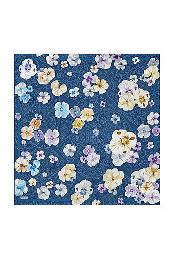 Indigo Poppy Pattern Double-Sided Twill Silk Scarf 
