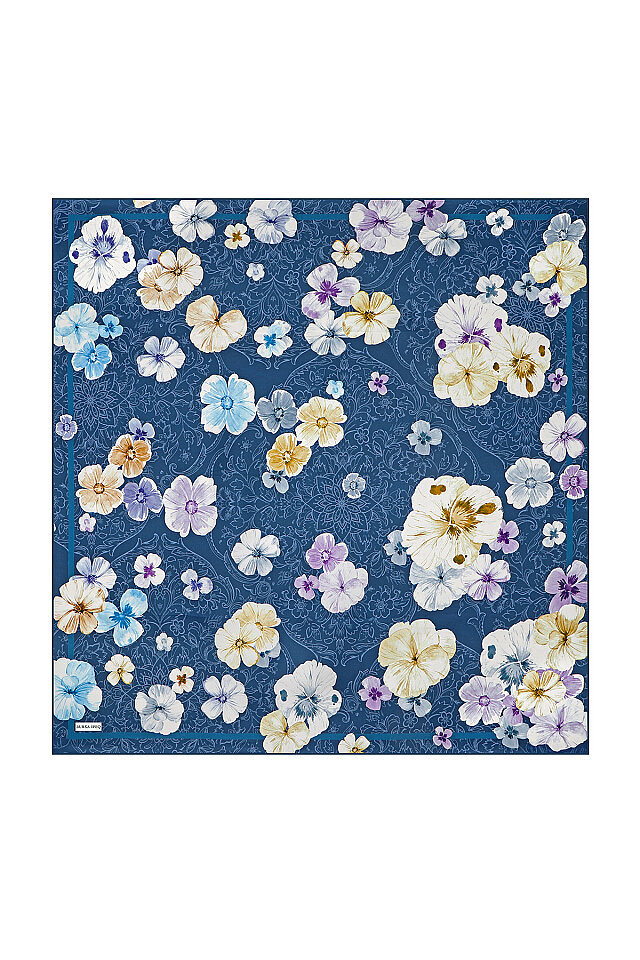 Indigo Poppy Pattern Double-Sided Twill Silk Scarf 