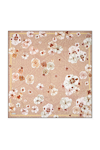Milky Coffee Poppy Pattern Double-Sided Twill Silk Scarf 