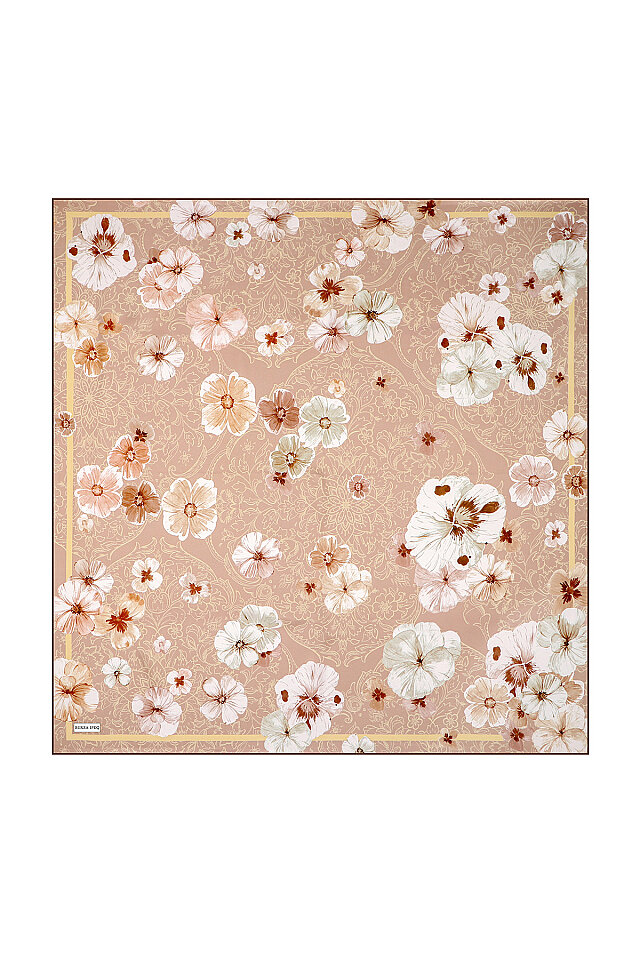 Milky Coffee Poppy Pattern Double-Sided Twill Silk Scarf 