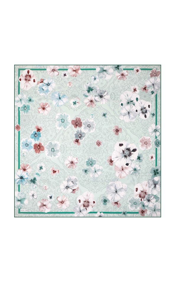Mint Poppy Pattern Double-Sided Twill Silk Scarf 