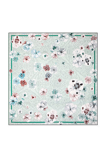 Mint Poppy Pattern Double-Sided Twill Silk Scarf 
